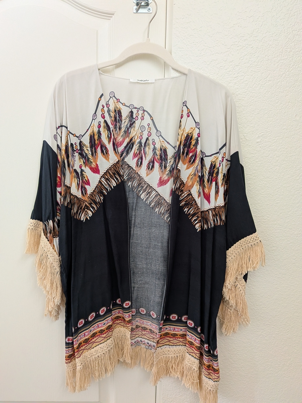 Boho Fringe Beach Cover-up with Feather Print - NWOT